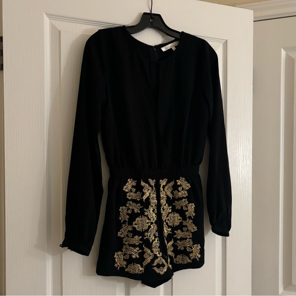 LOVERS + FRIENDS Long Sleeve Black Romper with Gold Brocade Details - Picture 3 of 13